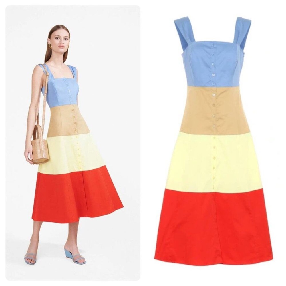 STAUD Colorblock Midi Dress - Blue, Tan, Yellow, Red